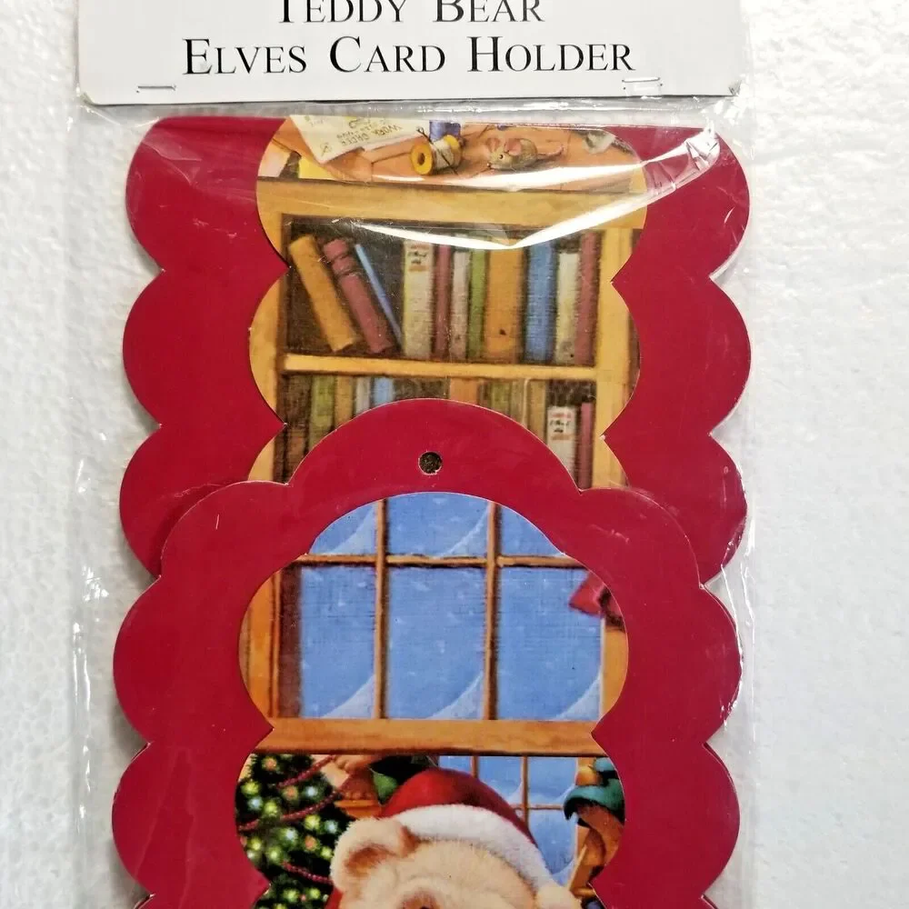 Christmas Holiday Card Holder Hanging Teddy Bear Elves  Scalloped Edges New
